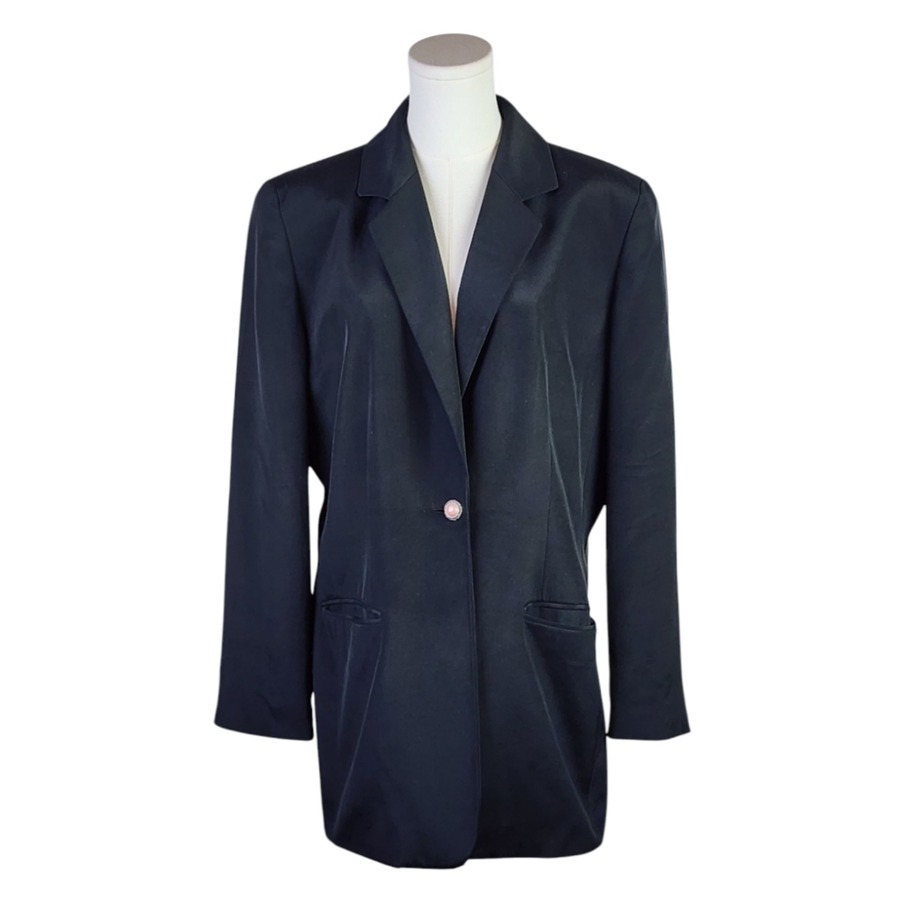 Josephine Chaus Silk Vintage Black Blazer w/ Pink Statement Buttons